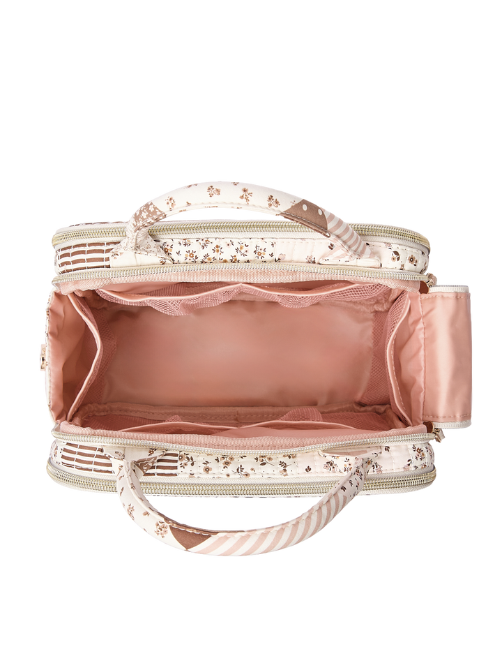 Poppy & Peonies The Routine Cosmetic Case in Brown Patchwork open interior view.
