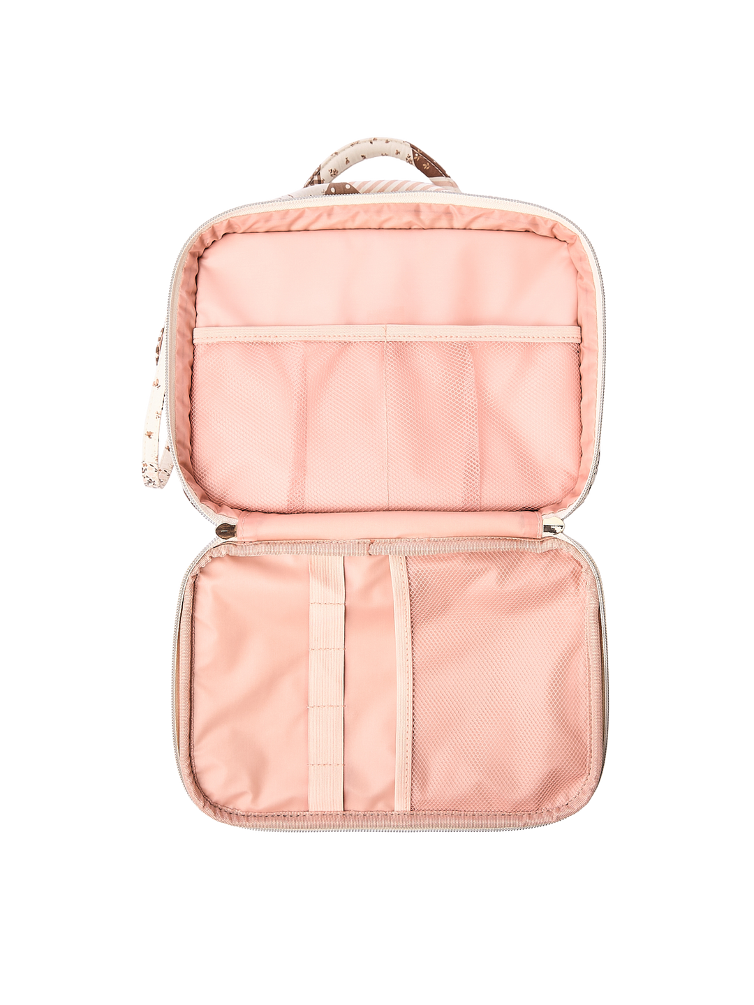 Poppy & Peonies The Routine Cosmetic Case in Brown Patchwork interior compartments.