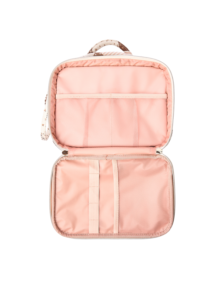 Poppy & Peonies The Routine Cosmetic Case in Brown Patchwork interior compartments.