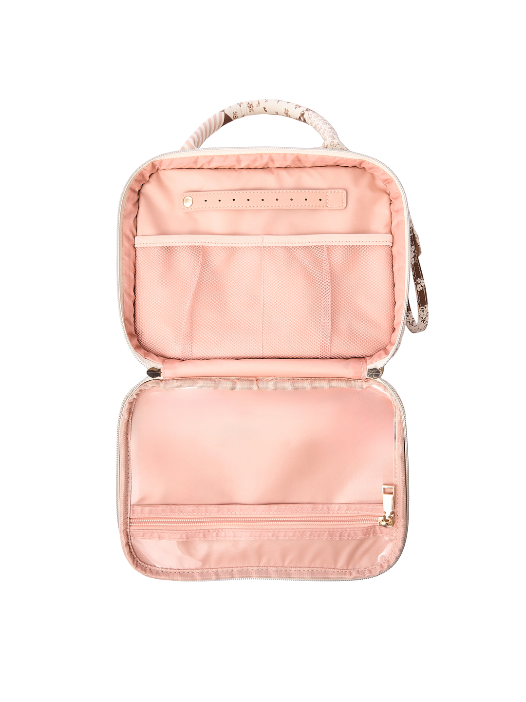 Poppy & Peonies The Routine Cosmetic Case in Brown Patchwork interior with zippered storage pocket.
