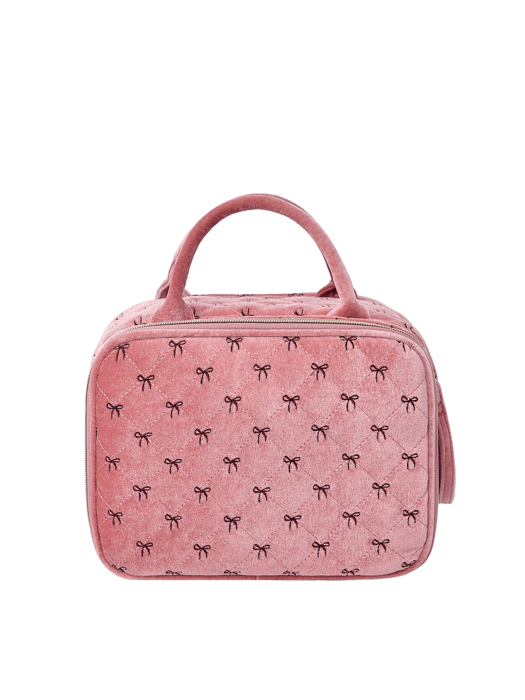 Poppy and Peonies The Routine Cosmetic Pink Velvet displayed from the back, featuring its soft pink velvet exterior with delicate black bow patterns, structured rounded silhouette, dual pink top handles, and zippered closure.