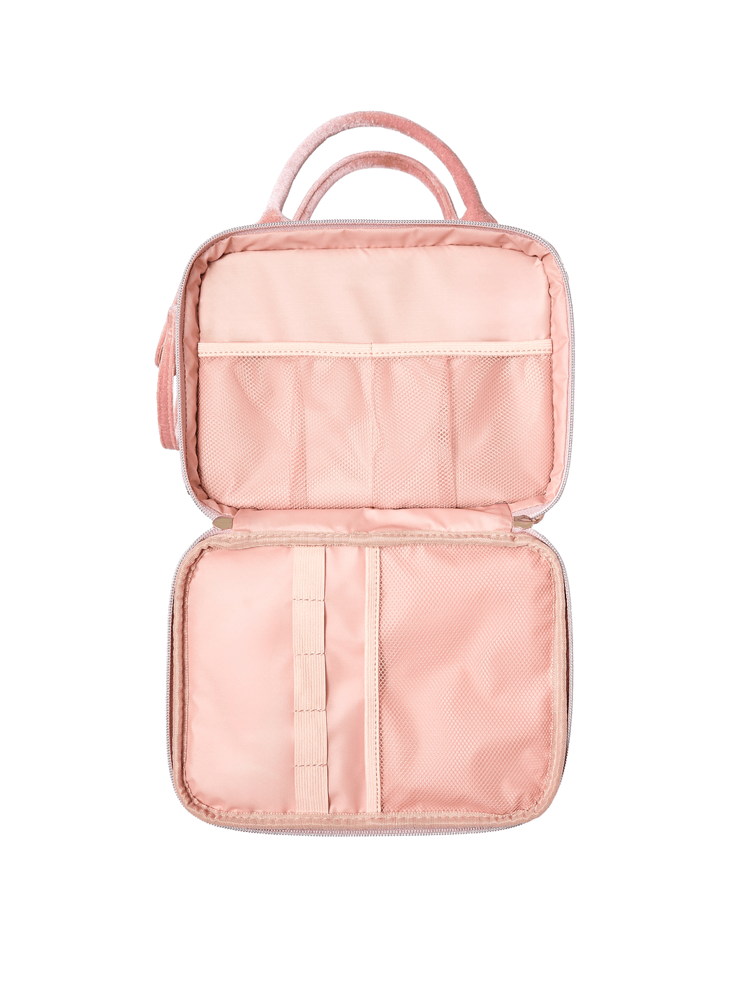 Poppy and Peonies The Routine Cosmetic Pink Velvet displayed fully open, showcasing its blush pink interior with elastic storage pockets, a central organizing strap, and spacious compartments for cosmetics and toiletries.