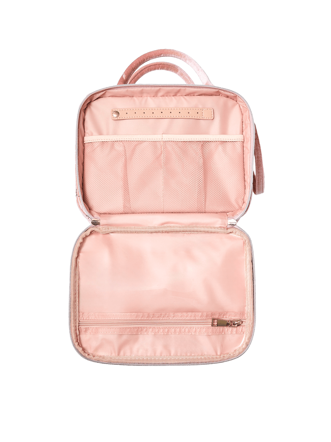 Poppy and Peonies The Routine Cosmetic Pink Velvet displayed fully open from above, highlighting its blush pink lining, interior zippered pocket, elastic storage sections, and organized compartments for beauty essentials.