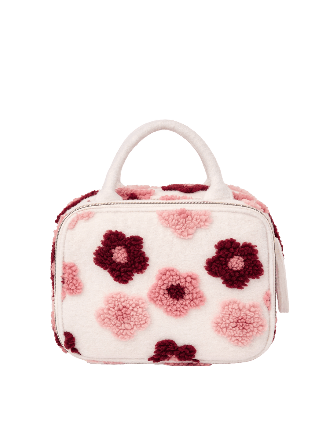 Poppy and Peonies The Routine Cosmetic Floral displayed from the back, featuring its soft cream-colored exterior with plush pink and berry floral patterns, structured rounded silhouette, dual cream top handles, and zippered closure.