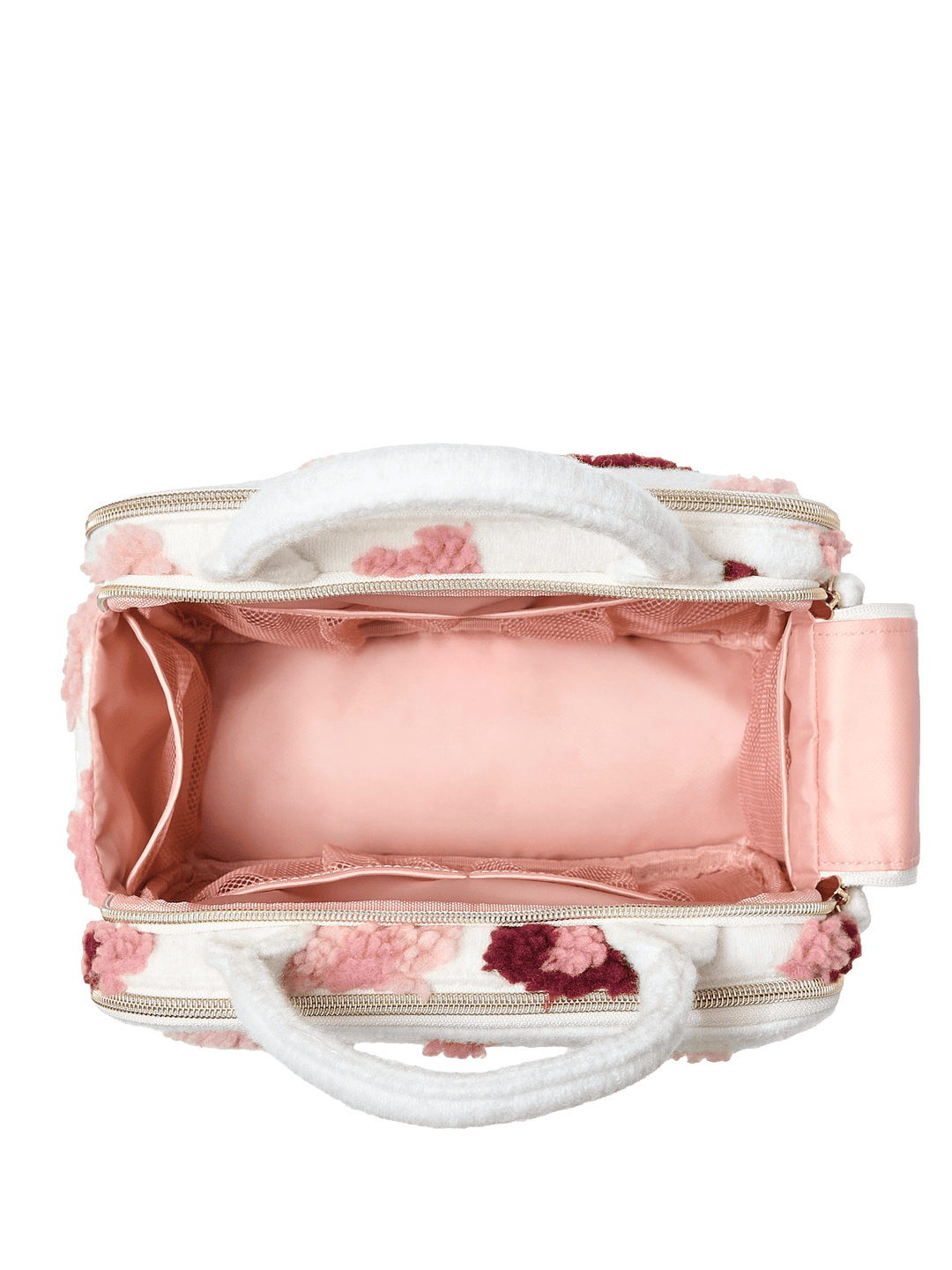 Poppy and Peonies The Routine Cosmetic Floral displayed open from above, revealing its blush pink interior lining, spacious main compartment, and wide elastic storage band for organizing beauty essentials.