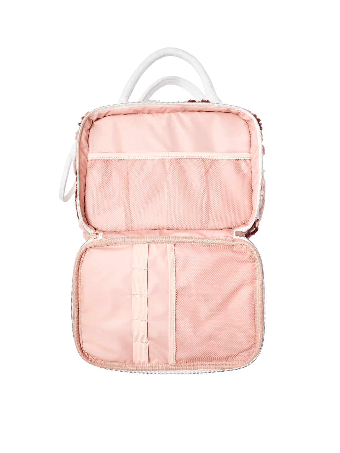 Poppy and Peonies The Routine Cosmetic Floral displayed fully open, showcasing its blush pink interior with elastic storage pockets, a central organizing strap, and spacious compartments for cosmetics and toiletries.
