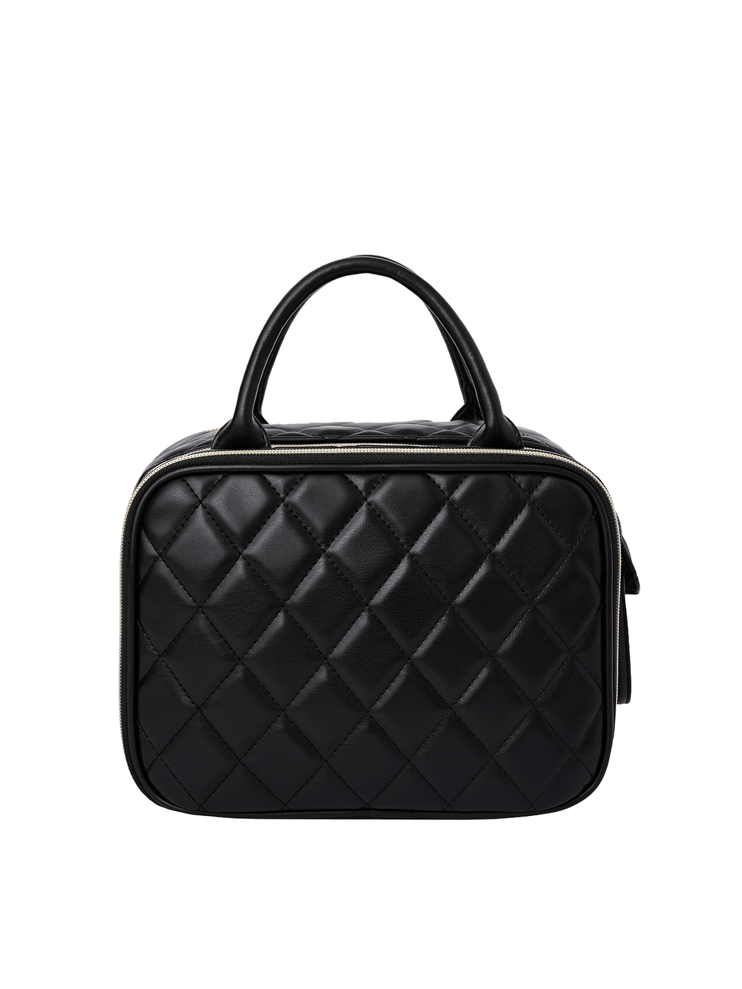 Poppy and Peonies The Routine Cosmetic Black displayed from the back, featuring its black diamond-quilted exterior, structured rounded silhouette, dual black top handles, and zippered closure.
