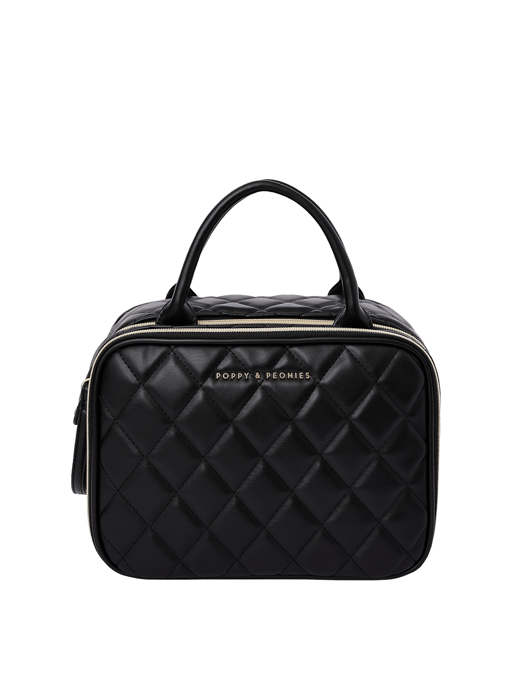 Poppy and Peonies The Routine Cosmetic Black featuring a structured rounded rectangular silhouette, black diamond-quilted exterior, dual black top handles, zip-around closure, and gold Poppy and Peonies logo on the front.
