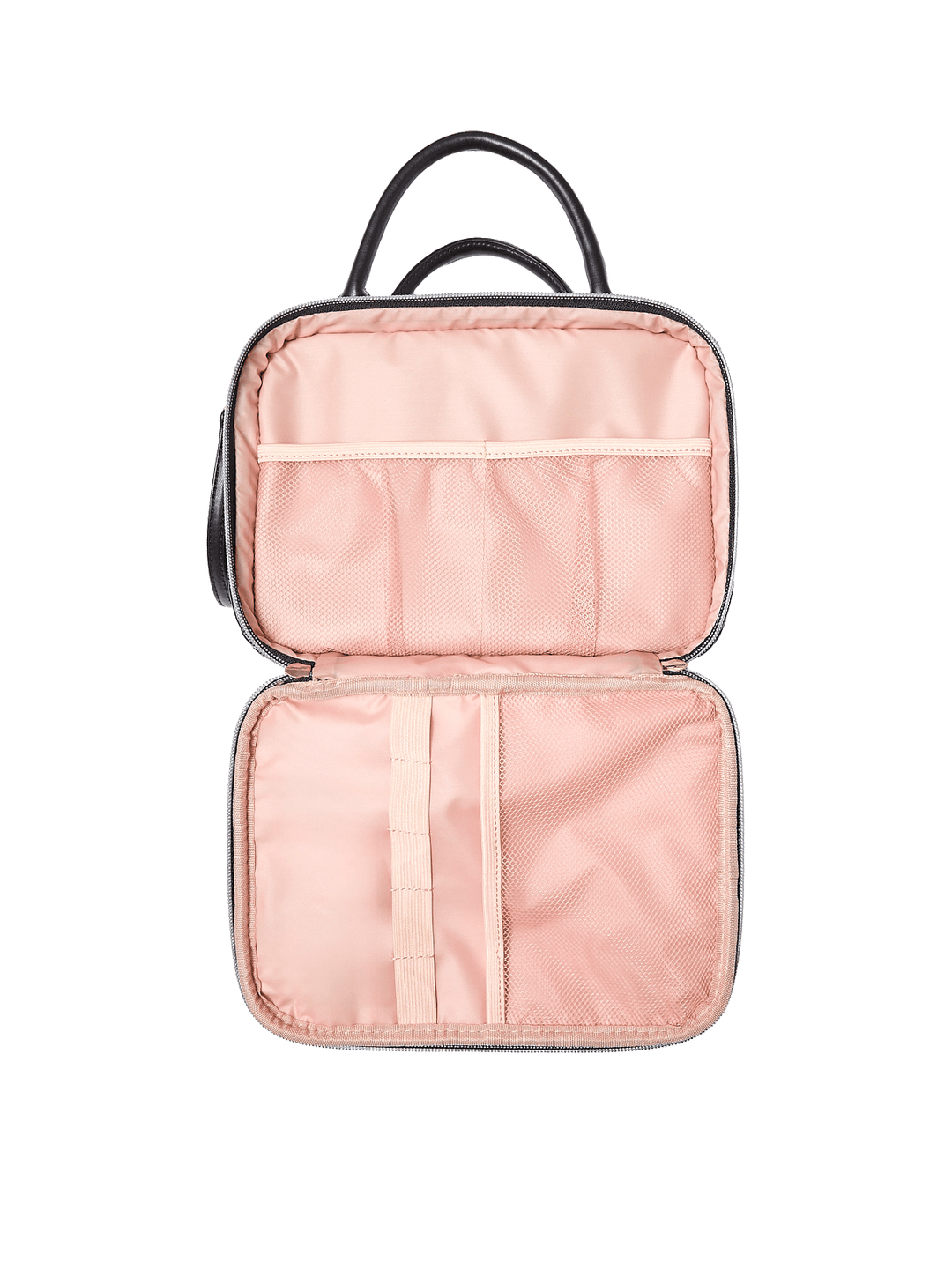 Poppy and Peonies The Routine Cosmetic Black displayed fully open, showcasing its blush pink interior with elastic storage pockets, a central organizing strap, and spacious compartments for cosmetics and toiletries.