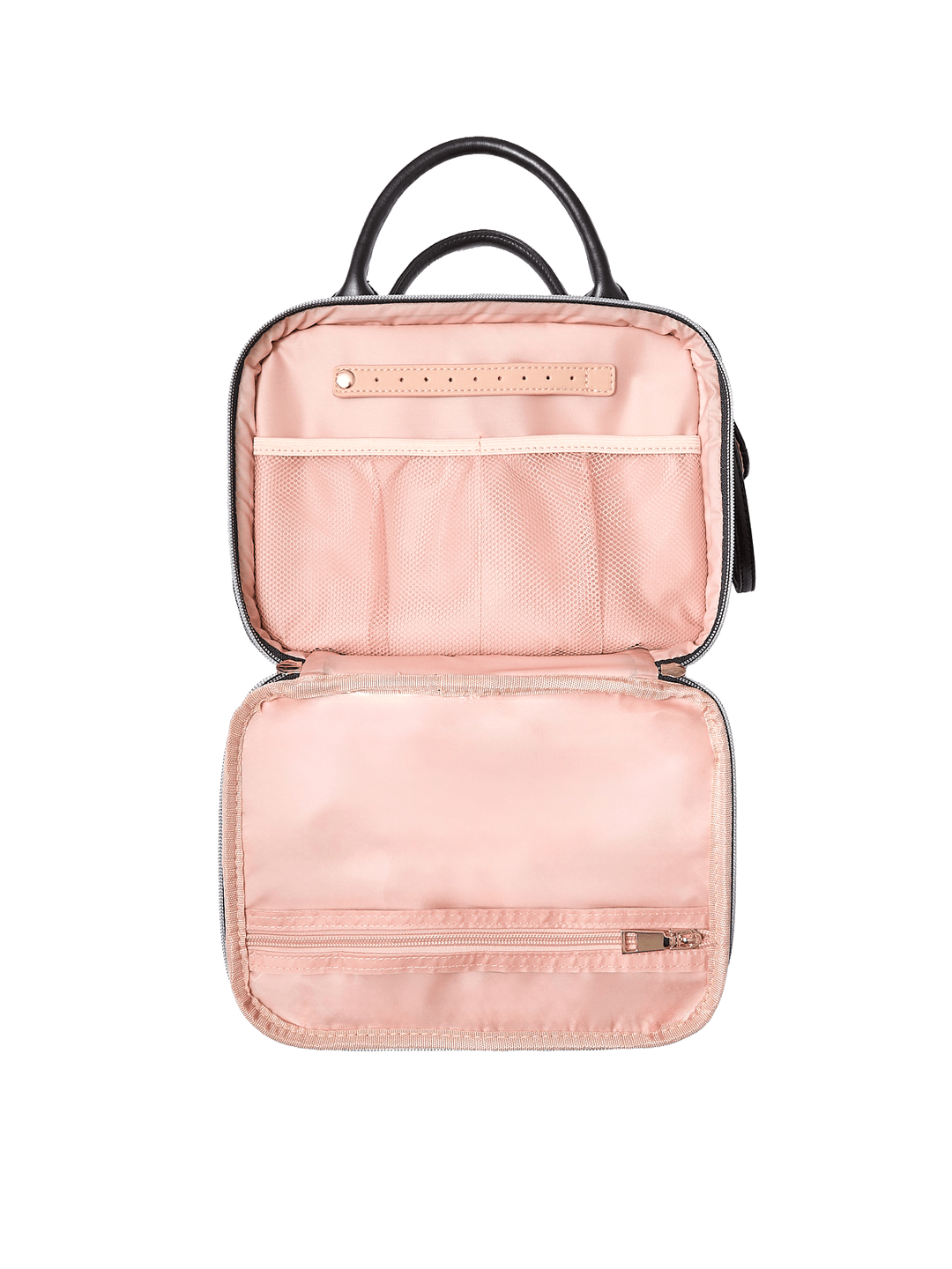 Poppy and Peonies The Routine Cosmetic Black displayed fully open from above, highlighting its blush pink lining, interior zippered pocket, elastic storage sections, and organized compartments for beauty essentials.