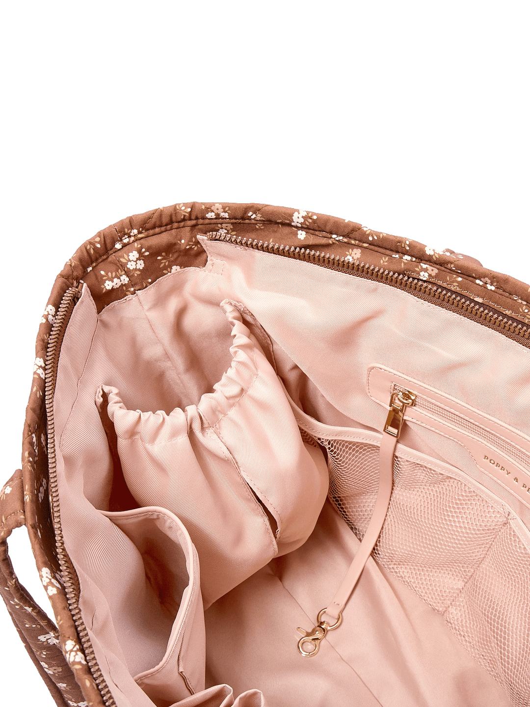 Close-up of the Daydreamer Tote in Brown Floral showing interior cup holders and organization pockets