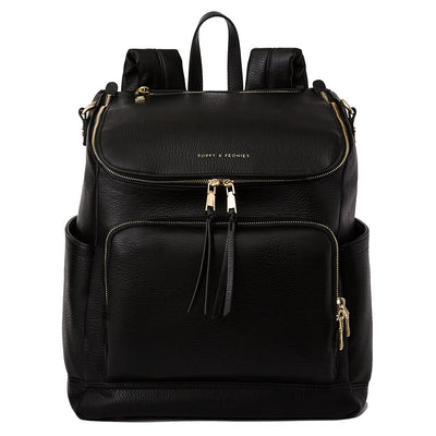 Front view of a black Poppy and Peonies diaper bag