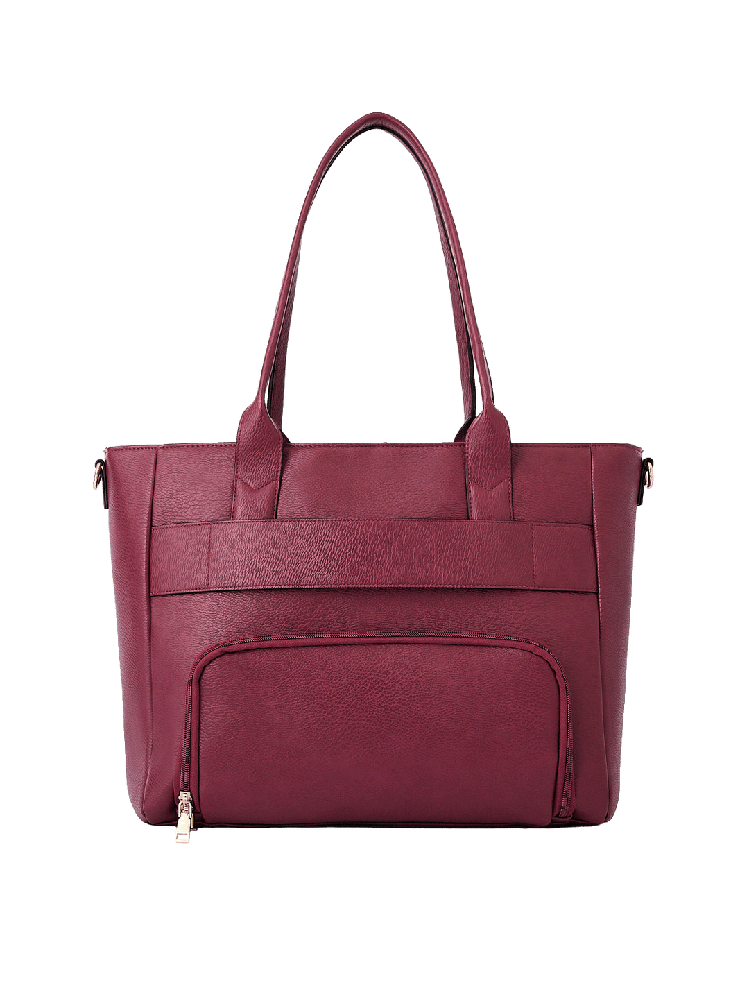 Back view of Double Duty Tote in Berry with exterior zip pocket and trolley sleeve