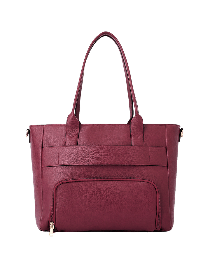 Back view of Double Duty Tote in Berry with exterior zip pocket and trolley sleeve