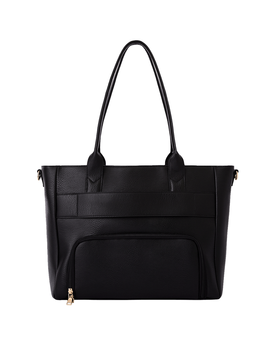 Back view of Double Duty Tote in Black with exterior zip pocket and trolley sleeve