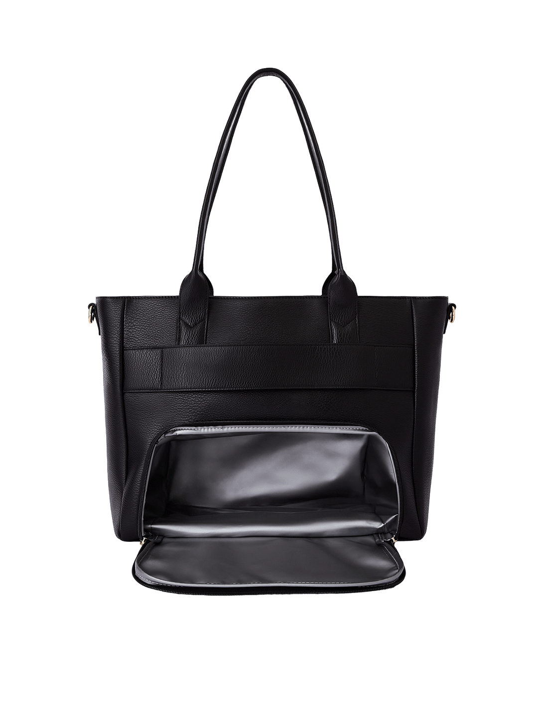 Back of Double Duty Tote in Black showing insulated lunch compartment