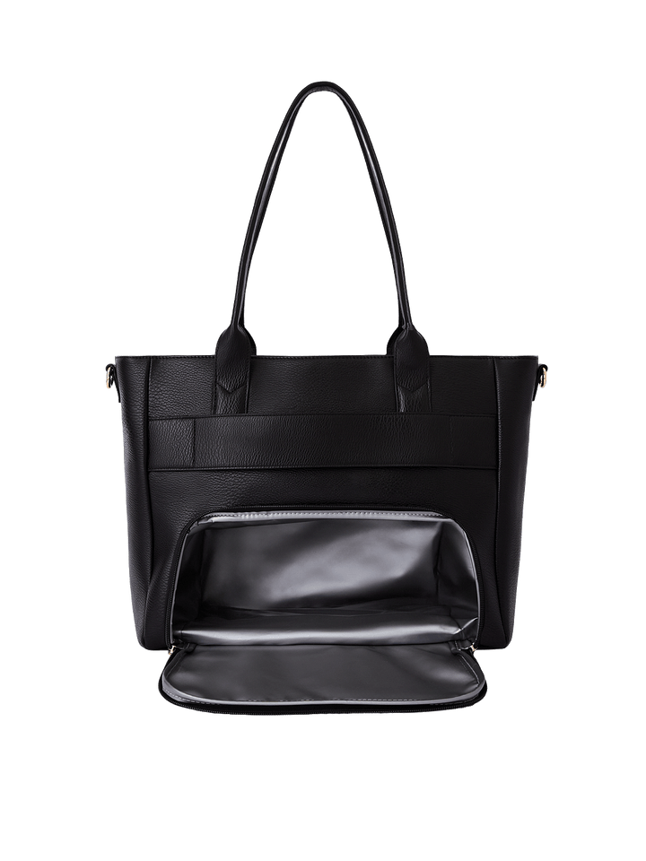 Back of Double Duty Tote in Black showing insulated lunch compartment