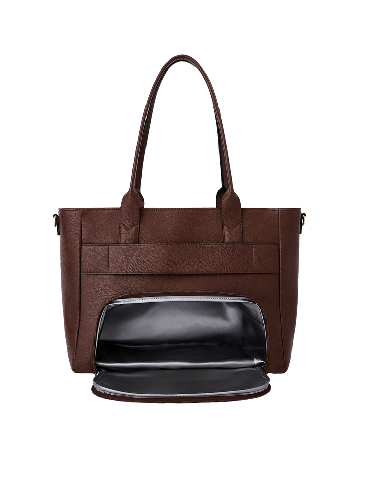 Back of Double Duty Tote in Espresso showing insulated lunch compartment