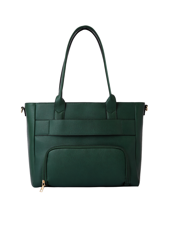 Back view of Double Duty Tote in Heritage Green with exterior zip pocket and trolley sleeve