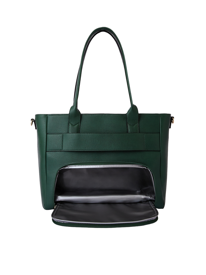 Back of Double Duty Tote in Heritage Green showing insulated lunch compartment