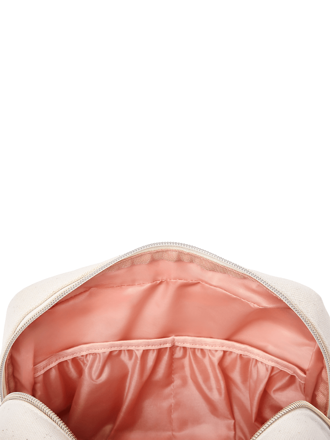 Poppy & Peonies The Double Take Cosmetic in Chestnut, close-up of the open blush-pink interior featuring gathered elastic organizer pockets for beauty essentials.