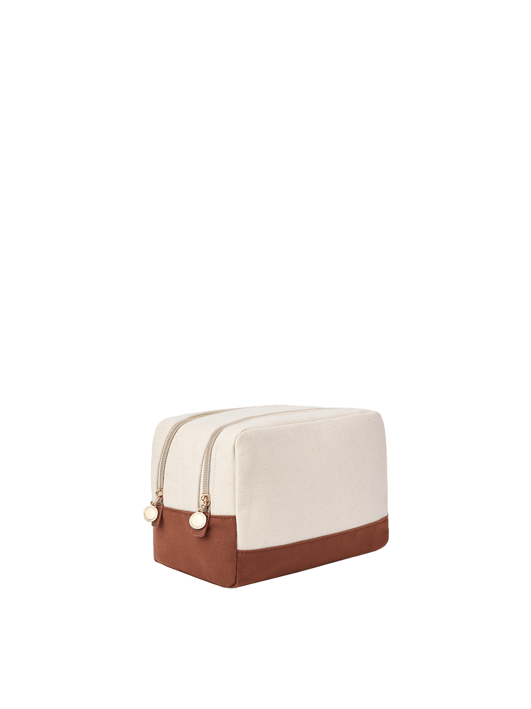 Poppy & Peonies The Double Take Cosmetic in Chestnut, angled side view showing the cream upper exterior, olive green base, and two gold-tone zippered compartments.