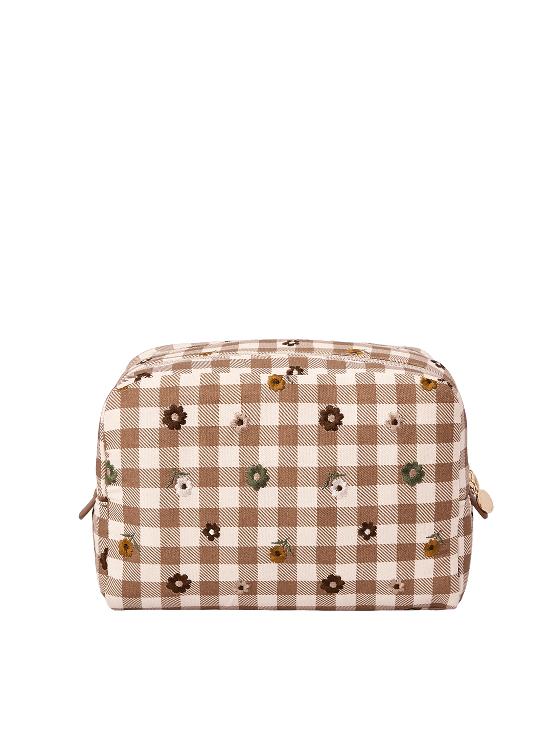 Poppy & Peonies Double Take Cosmetic Case in October Gingham showing the brown and cream checkered canvas exterior with scattered embroidered flowers.