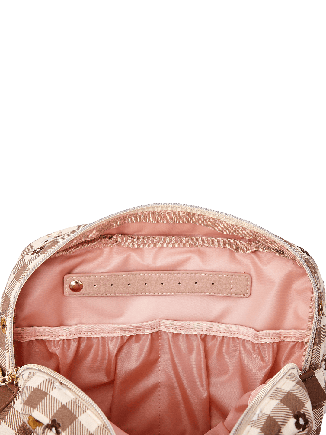 Poppy & Peonies Double Take Cosmetic Case in October Gingham featuring blush pink lining, a zippered interior pocket, and gold-tone hardware details.