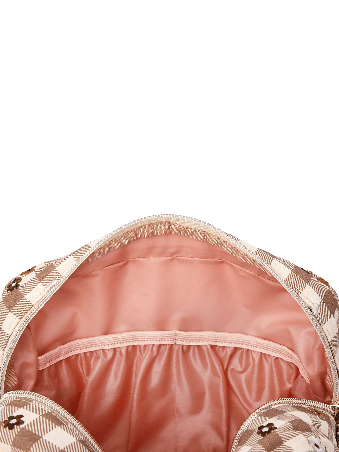 Poppy & Peonies Double Take Cosmetic Case in October Gingham showing its spacious blush pink interior with a large slip pocket along the back wall.