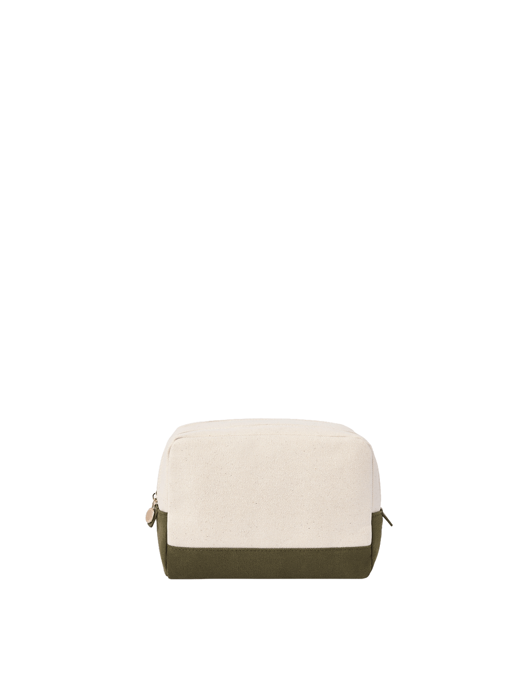 Poppy & Peonies The Double Take Cosmetic in Olive, back view featuring the cream exterior, contrasting olive green base, and compact rectangular shape.