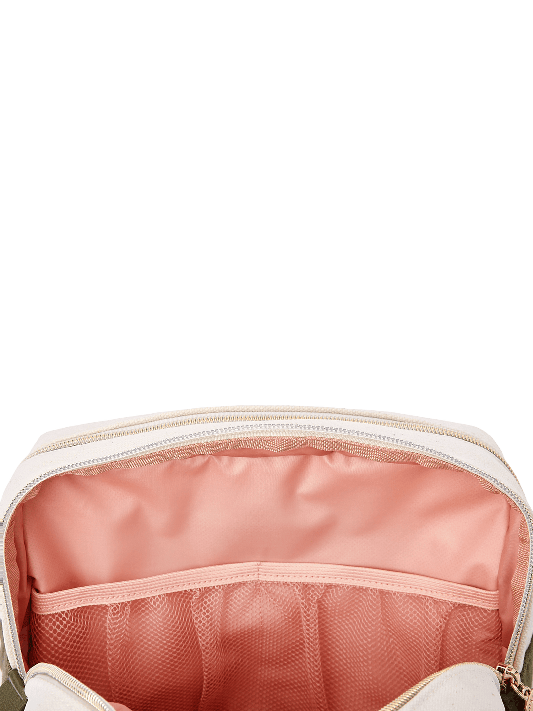 Poppy & Peonies The Double Take Cosmetic in Olive, close-up of the blush-pink interior showing a wide slip pocket and mesh organizer pocket.