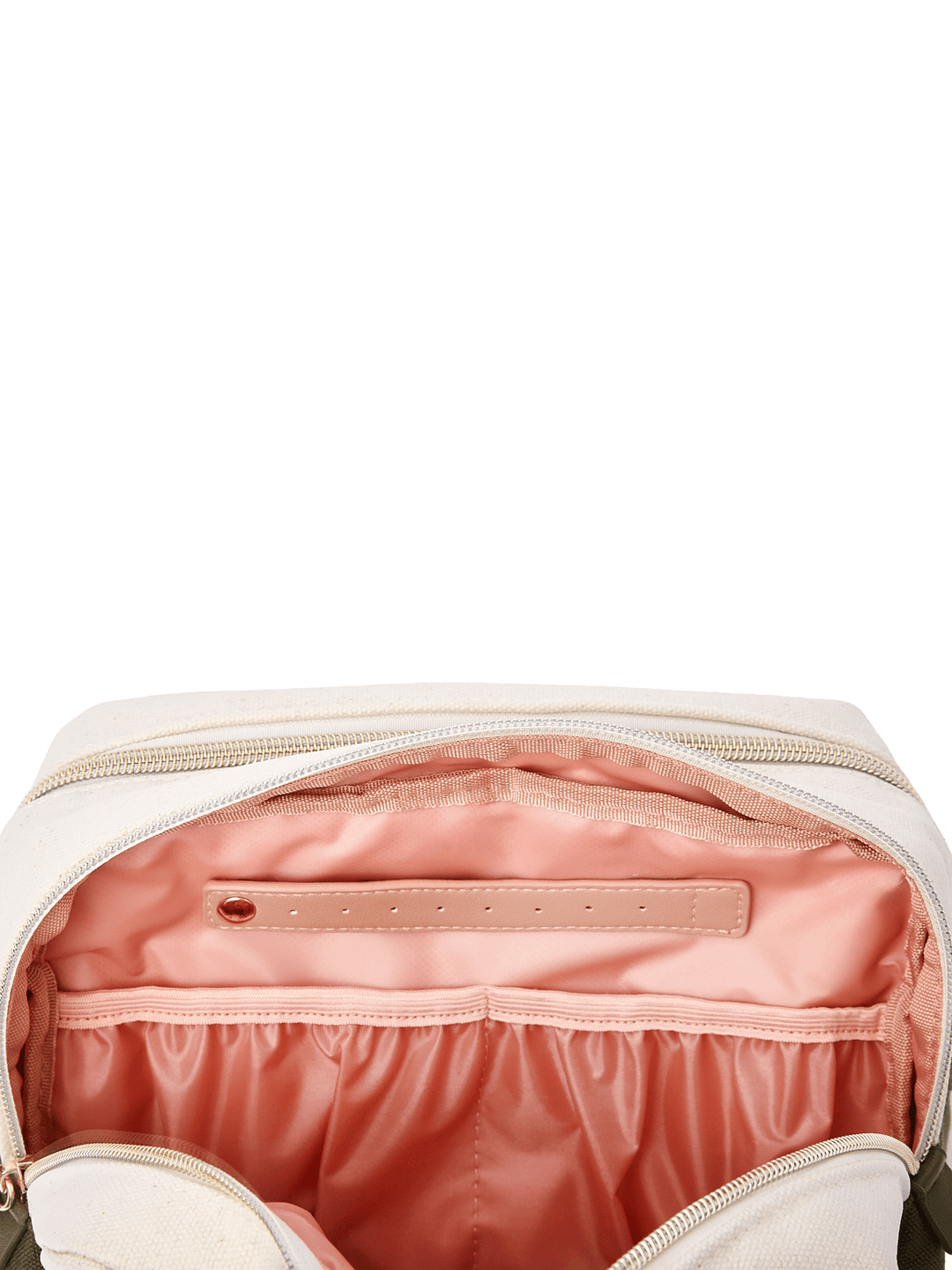 Poppy & Peonies The Double Take Cosmetic in Olive, interior view highlighting the blush-pink lining, zippered pocket, and gathered elastic storage compartments.