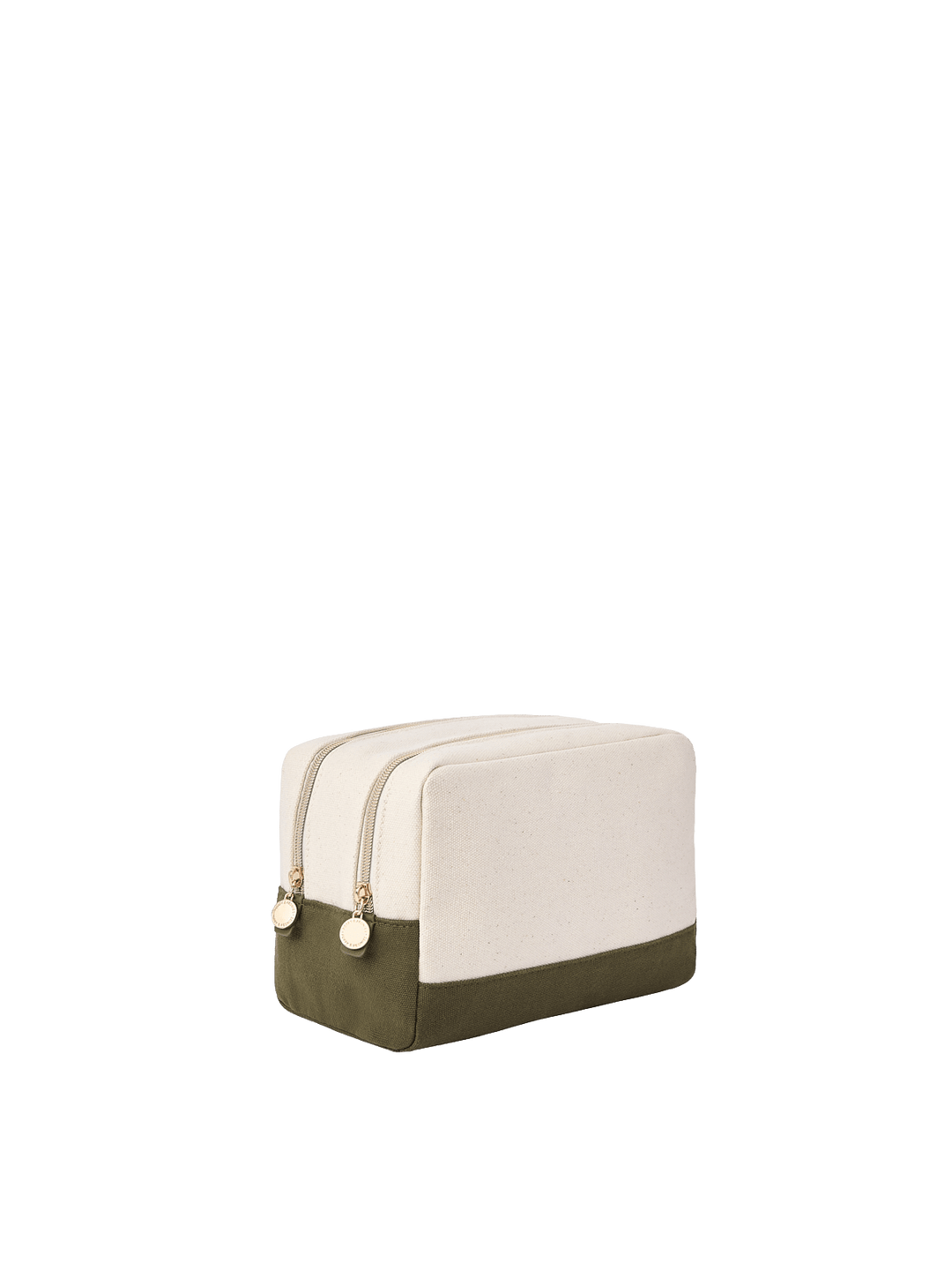 Poppy & Peonies The Double Take Cosmetic in Olive, angled side view showing the cream upper exterior, olive green base, and two gold-tone zippered compartments.