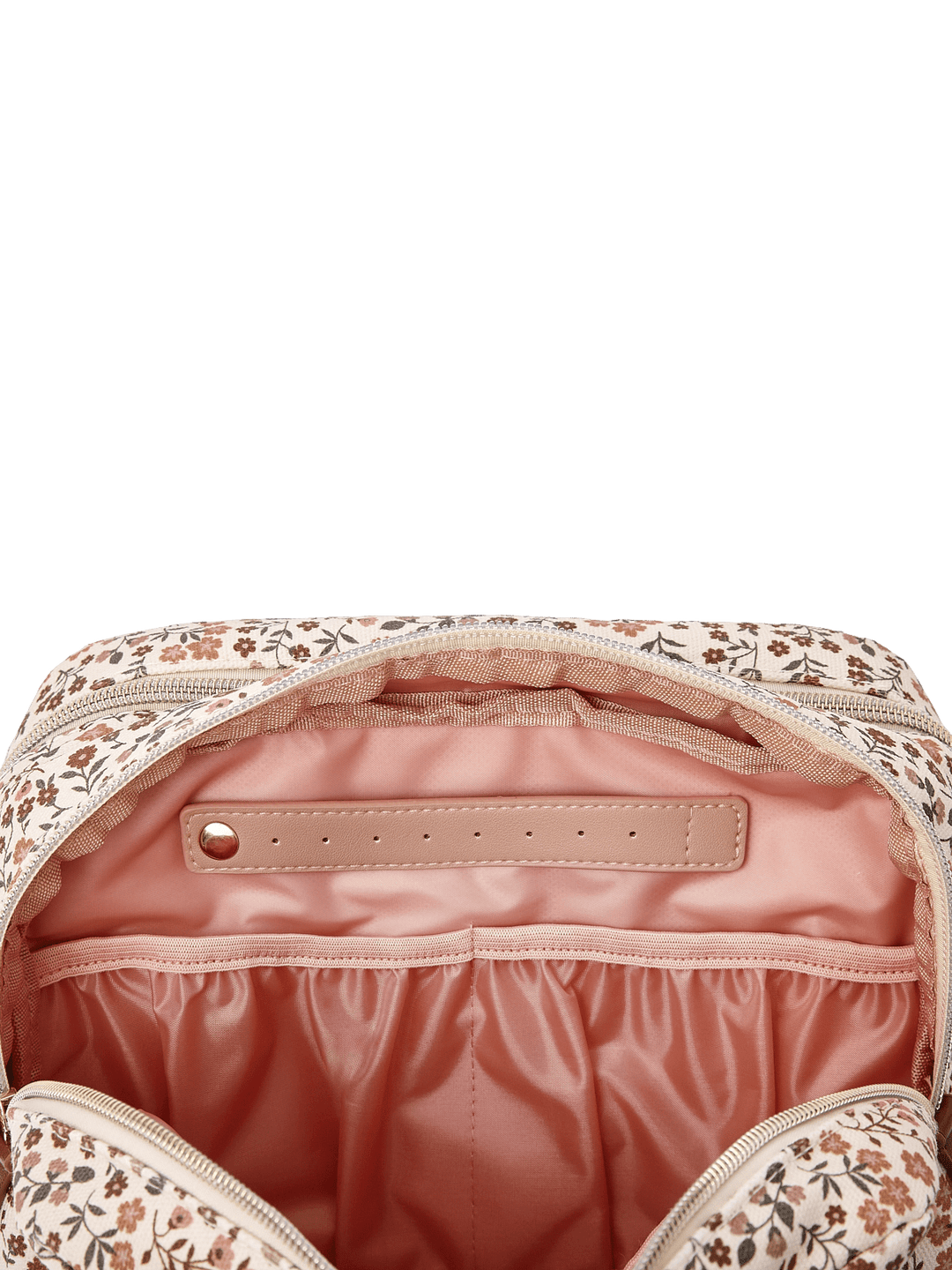 Poppy & Peonies Double Take Cosmetic Case in October Floral featuring a blush pink interior with a zippered pocket, gold-tone hardware, and additional organizer pockets.