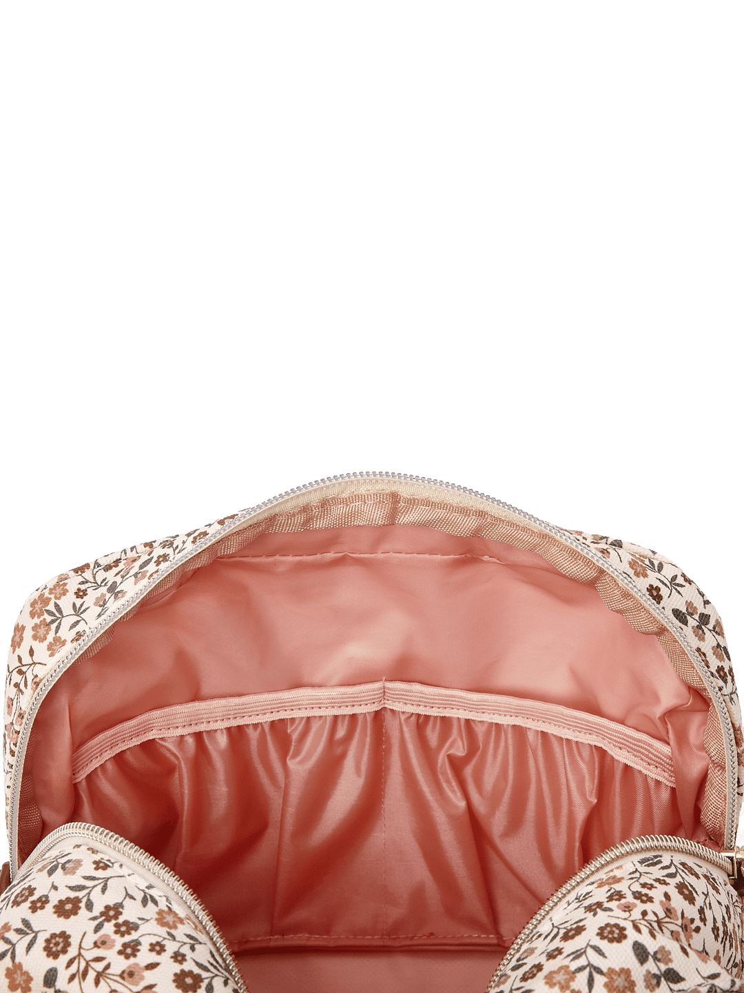 Poppy & Peonies Double Take Cosmetic Case  in October Floral showing its spacious blush pink interior with a large slip pocket along the back wall.