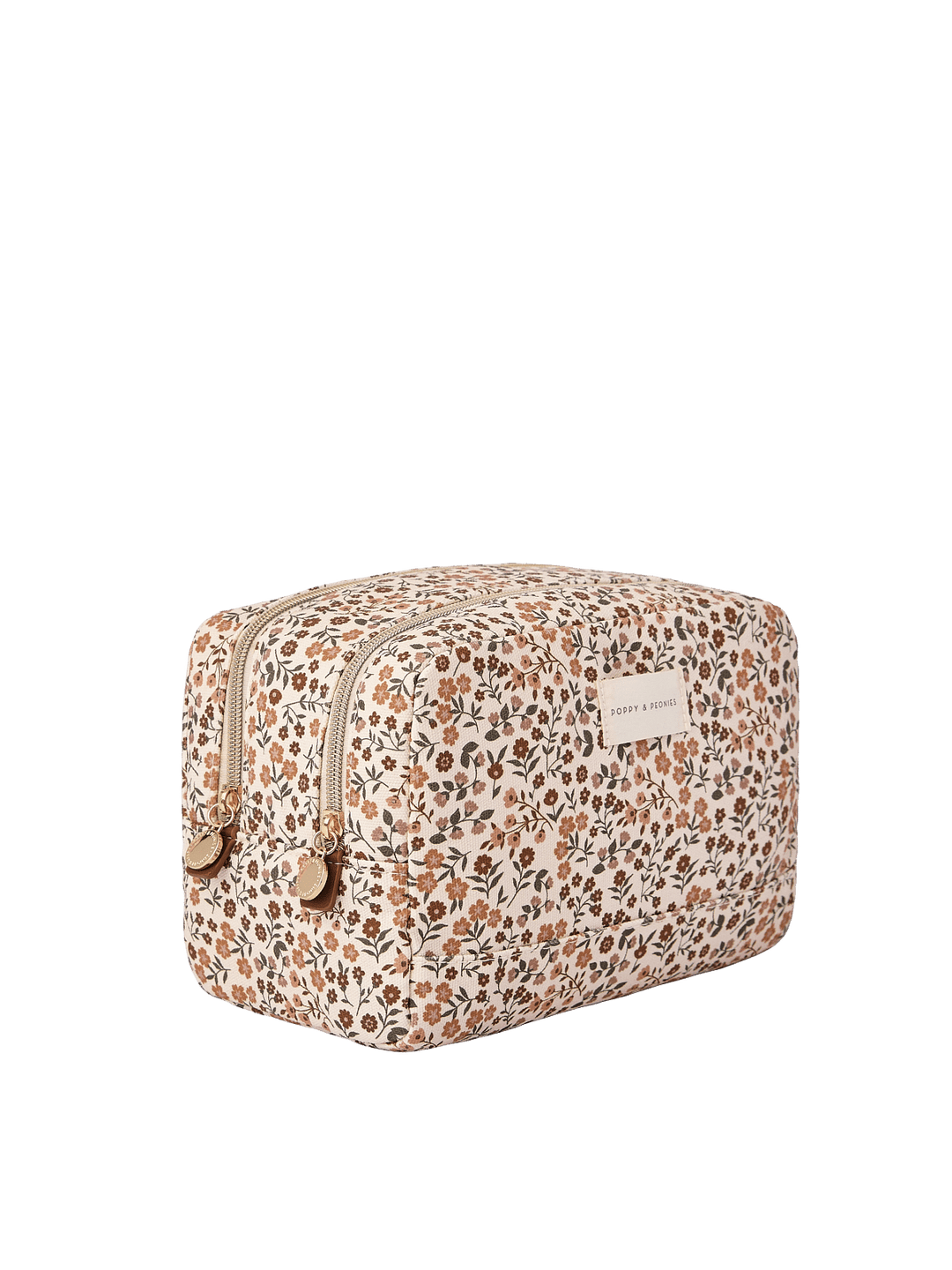 Poppy & Peonies Double Take Cosmetic Case in October Floral featuring a structured rectangular shape, floral-printed canvas exterior, and gold-tone zipper pulls.