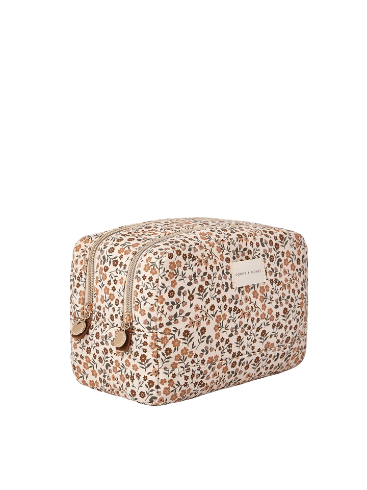 Poppy & Peonies Double Take Cosmetic Case in October Floral featuring a structured rectangular shape, floral-printed canvas exterior, and gold-tone zipper pulls.