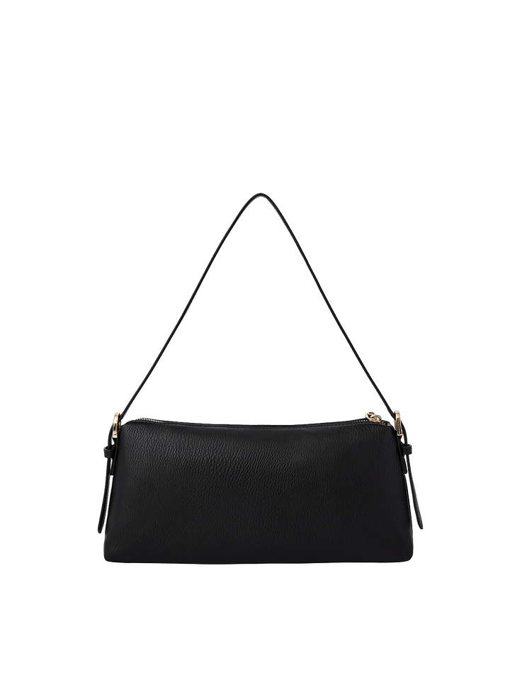 Poppy & Peonies The Soho Shoulder Bag in Black, showcasing its black pebbled exterior, slim shoulder strap, and minimalist rectangular silhouette.