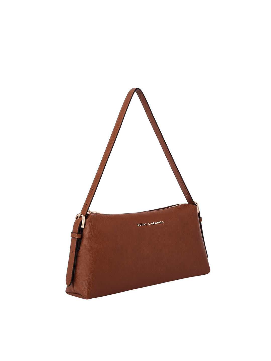 Poppy & Peonies The Soho Shoulder Bag in Chestnut, shown from a three-quarter angle highlighting its slim profile, adjustable shoulder strap with buckle details, gold-tone hardware, and pebbled texture.