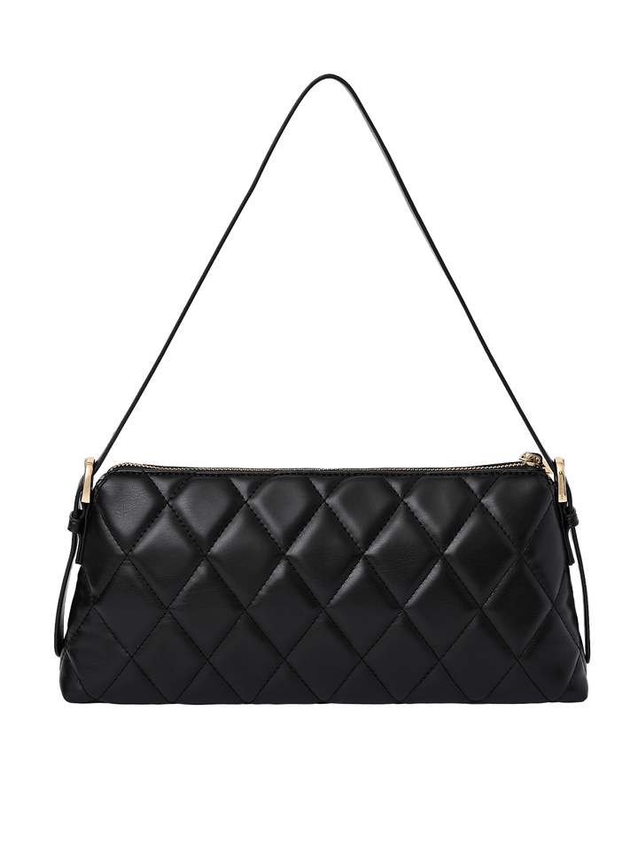 Poppy and Peonies The Soho Shoulder Bag Quilted Black displayed from the back with its slim shoulder strap extended, showcasing its black diamond-quilted exterior, structured rectangular silhouette, and gold-tone hardware.