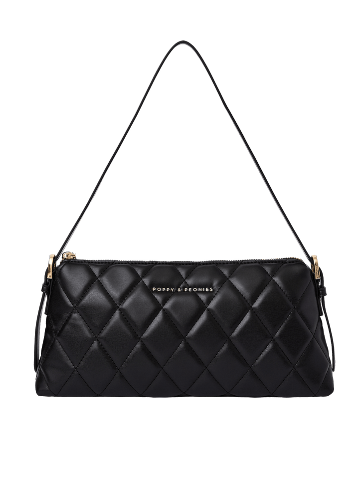 Poppy and Peonies The Soho Shoulder Bag Quilted Black featuring a sleek rectangular silhouette, black diamond-quilted exterior, slim shoulder strap, gold-tone hardware, and subtle Poppy and Peonies logo on the front.