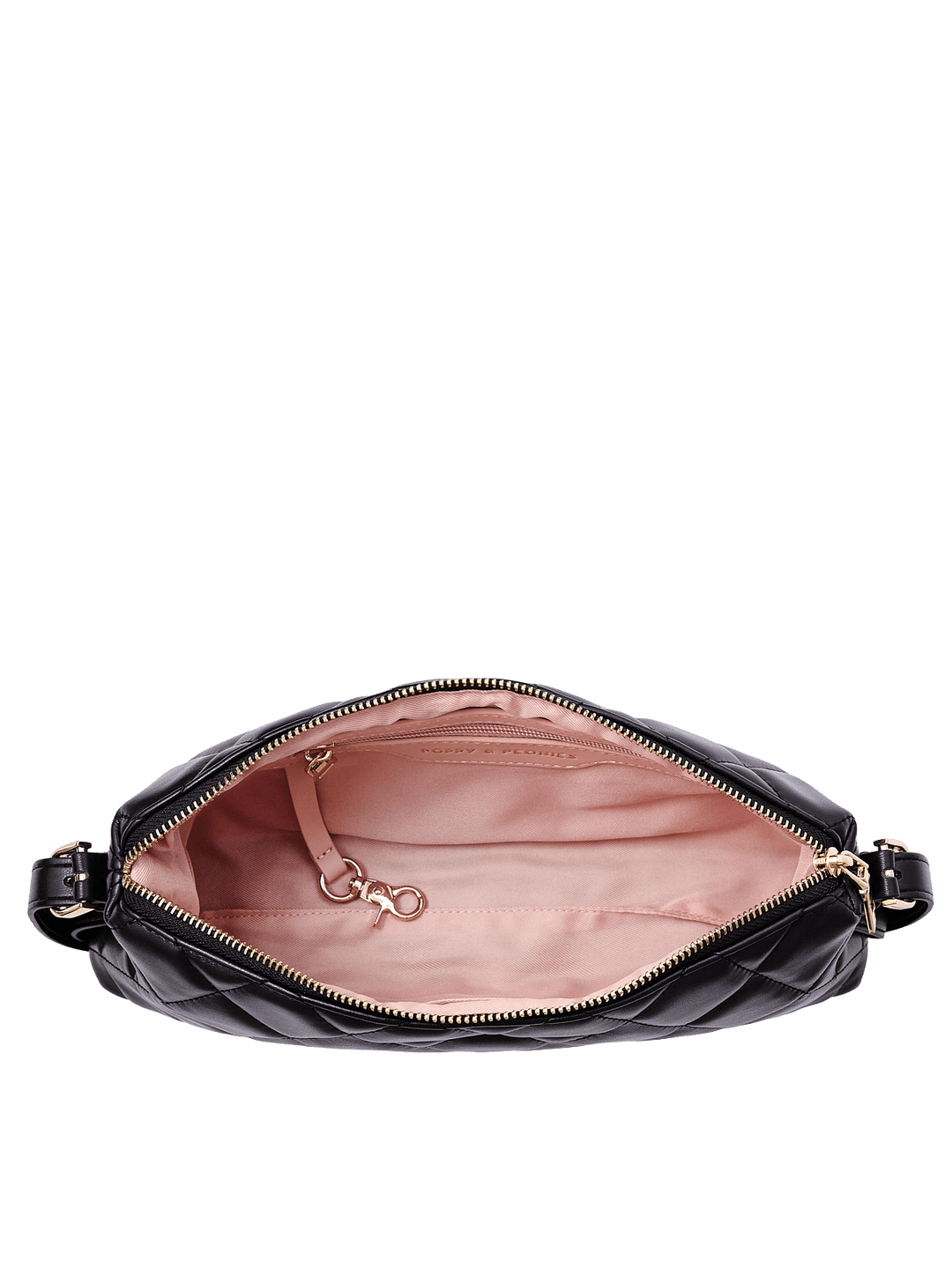 Poppy and Peonies The Soho Shoulder Bag Quilted Black displayed open from above, revealing its blush pink interior, spacious main compartment, and gold-tone zipper hardware.