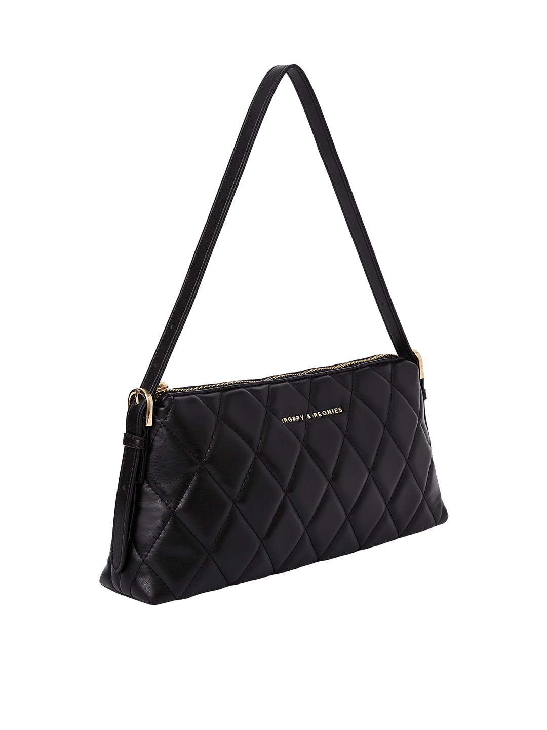Poppy and Peonies The Soho Shoulder Bag Quilted Black displayed at a three-quarter angle, highlighting its sleek rectangular profile, black diamond-quilted exterior, slim shoulder strap, and gold-tone hardware.