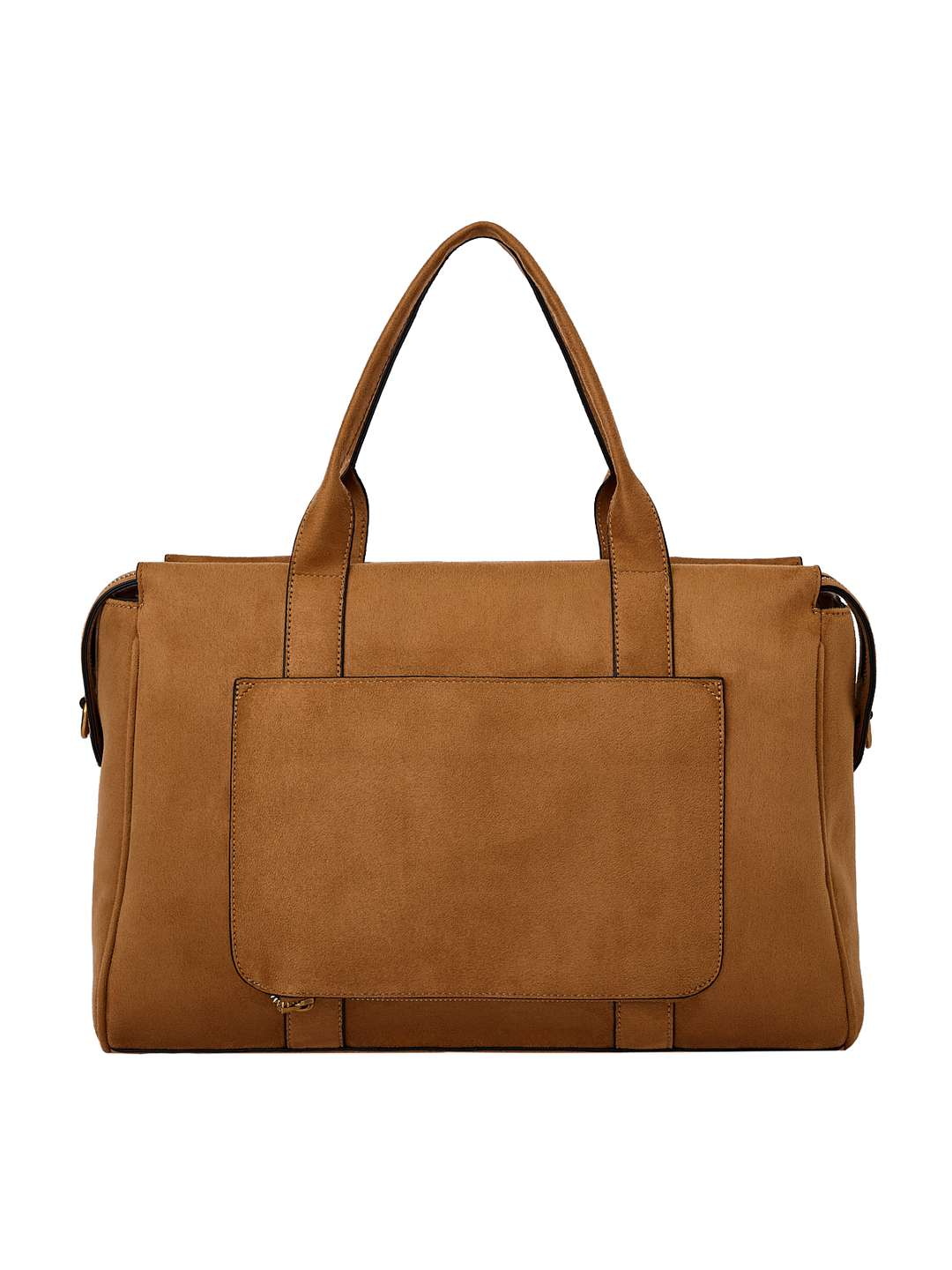 Poppy & Peonies Effortless Tote in Cognac Suede back view, featuring top handles and a large exterior slip pocket.