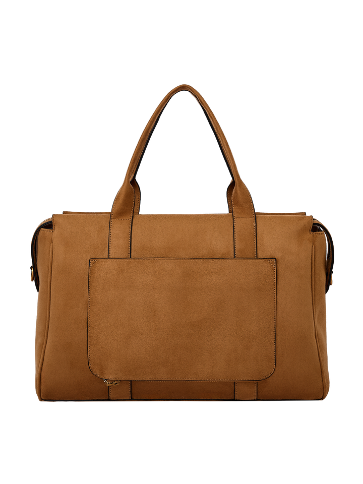 Poppy & Peonies Effortless Tote in Cognac Suede back view, featuring top handles and a large exterior slip pocket.