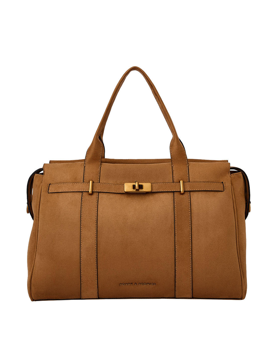 Poppy & Peonies Effortless Tote in Cognac Suede front view, featuring top handles, structured silhouette, belted detail and gold-tone turn-lock hardware.