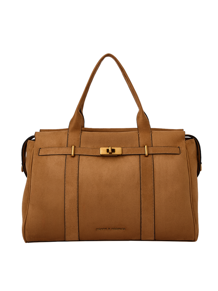 Poppy & Peonies Effortless Tote in Cognac Suede front view, featuring top handles, structured silhouette, belted detail and gold-tone turn-lock hardware.