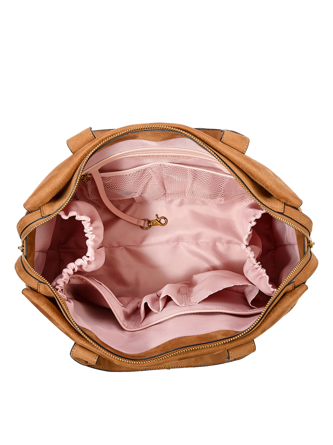 Poppy & Peonies Effortless Tote in Cognac Suede open top view, showcasing the spacious blush-pink lined interior with multiple organizational pockets.