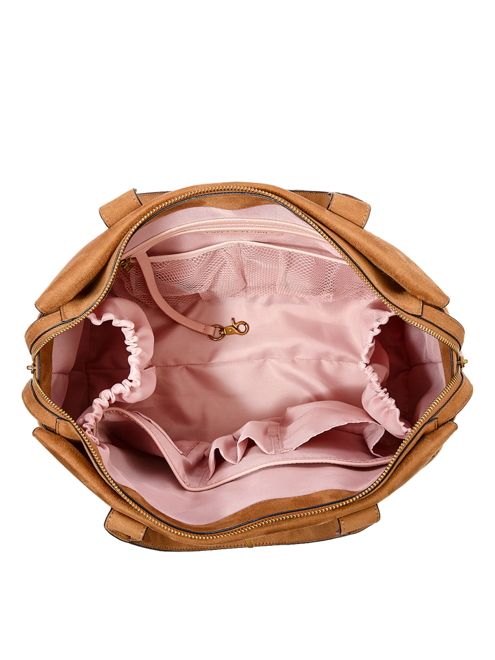 Poppy & Peonies Effortless Tote in Cognac Suede open top view, showcasing the spacious blush-pink lined interior with multiple organizational pockets.