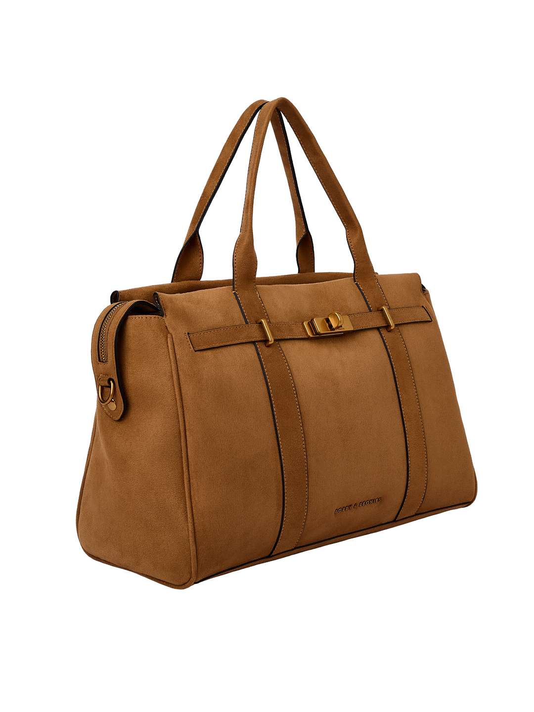 Poppy & Peonies Effortless Tote in Cognac Suede angled side view, highlighting the structured silhouette, top handles and gold-tone hardware.